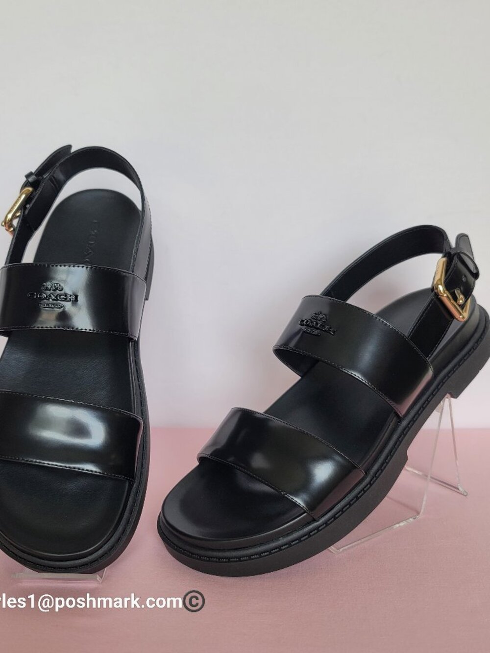 COACH Lockup Two Band Spazzolato Leather Sandals - Black color. Women's US 9B⭐